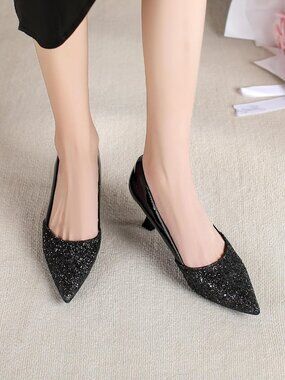 Women's Black Kitten High Heels 2 Inch Sequin Pointed Toe Leather Pumps Shoes
